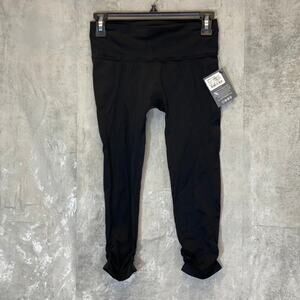 NUX Women's Black Ruched-Trim Mesa Low-Rise Pull-On Capri Leggings SZ M